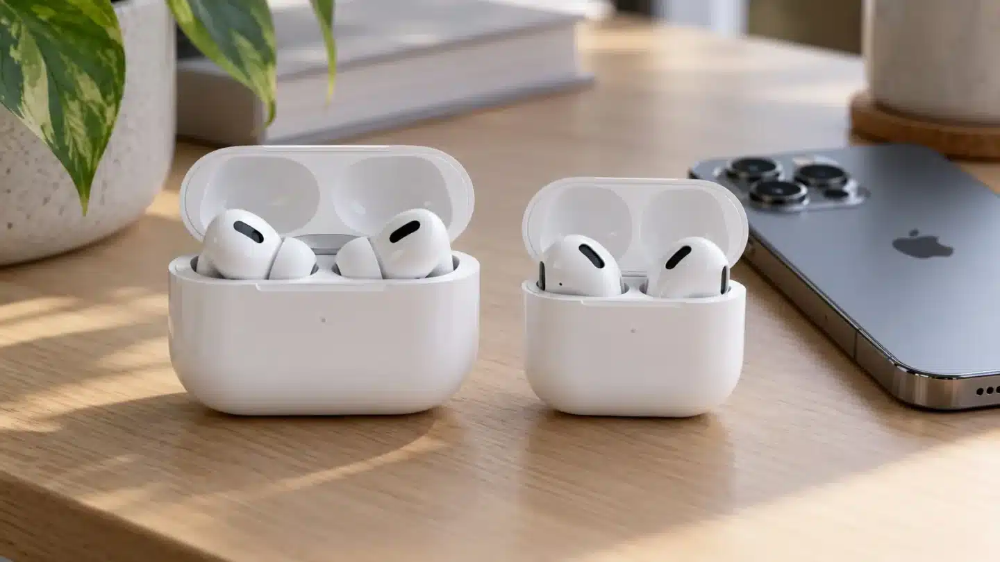 AirPods Pro 3 ו-AirPods 4 במארזים פתוחים זה לצד זה על שולחן עץ, ולידן אייפון
