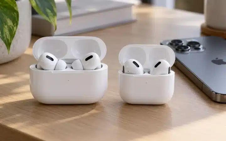AirPods Pro 3 ו-AirPods 4 במארזים פתוחים זה לצד זה על שולחן עץ, ולידן אייפון