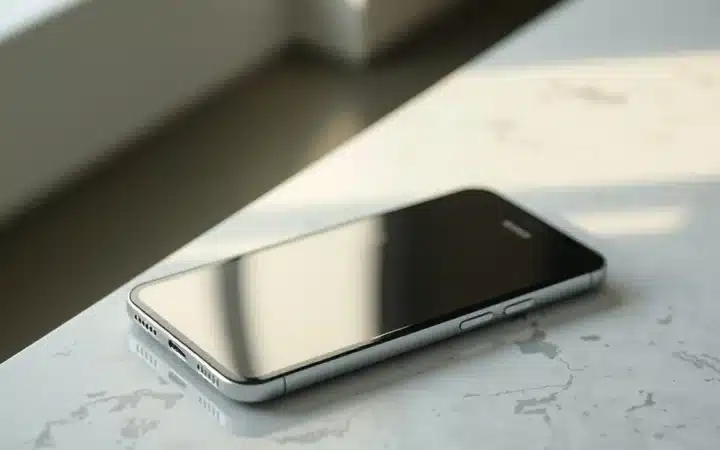 סמארטפון מתקפל פתוח למחצה על שולחן