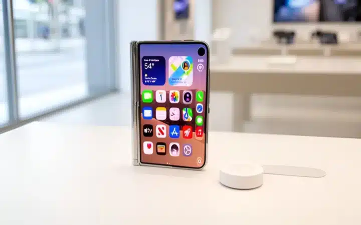 iPhone Duo מתקפל חצי פתוח על שולחן תצוגה ריק בחנות