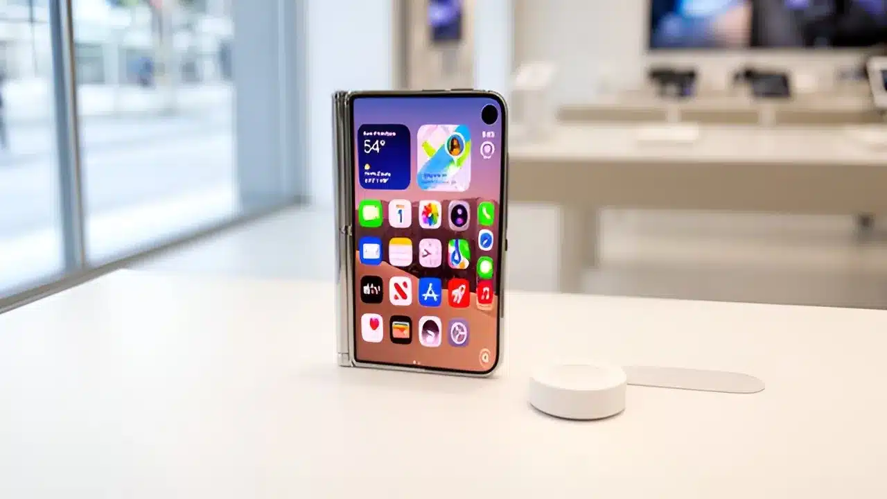 iPhone Duo מתקפל חצי פתוח על שולחן תצוגה ריק בחנות