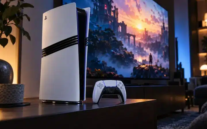 קונסולת PS5 Pro לבנה עומדת ליד בקר DualSense מול טלוויזיה גדולה בסלון